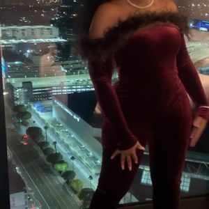 House of CB Salima Feather Trim Off the Shoulder Long Sleeve Velvet
Jumpsuit